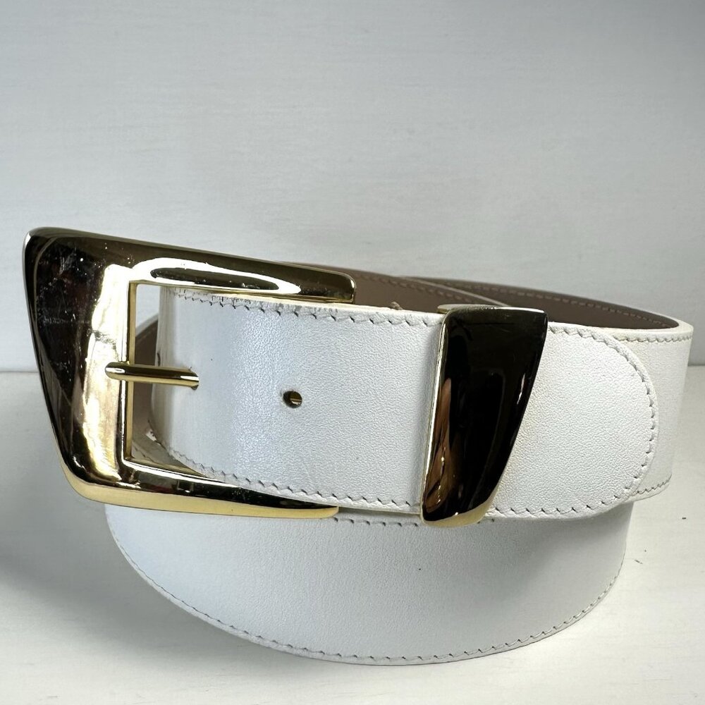 B.G. Street L White Leather Belt Gold Tone Buckle Retro 80’s Disco New Wave